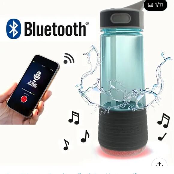 Blue and Gray Water Bottle with Built-in Bluetooth Speaker NEW Gift - Picture 1 of 7